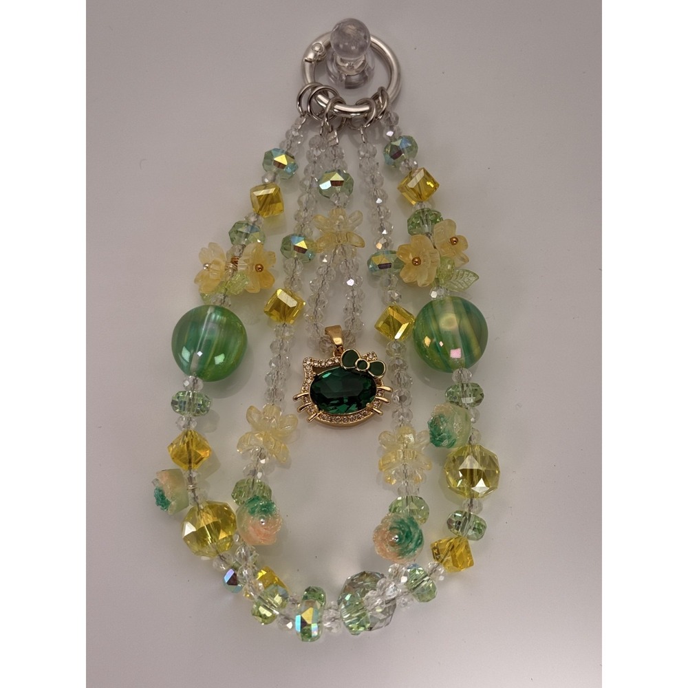 Green Cat Phone Wristlet Charm Beaded Crystal Floral Pearl Purse Bag Keychain - Picture 1 of 3